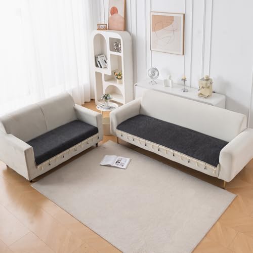 Image of HOKIPO 'Serenity Tassel' Chenille Sofa Cover 5 Seater Set with Tassels - Washable 3+2 Sofa Cover Mat | Midnight Graphite (IN-891 + IN-892 - DGRY)