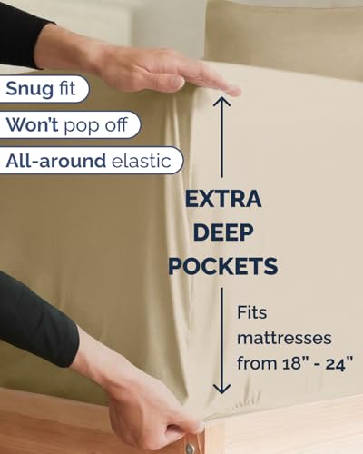 Image of Extra Deep Twin XL Sheet Set - 4 Piece Breathable & Cooling Sheets - Beige | Hotel Luxury Bed Sheets Set, Easy & Secure Fit, Ultra-Soft, Wrinkle & Fade Free, Comfy Sheets Set with Extra Deep Pockets
