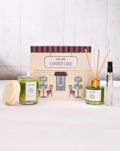 Image of Rad Living Candle Cafe Matcha Gift Box | Green Matcha Scented | 100g Soy Wax Candle | Up to 18+ Hours Burn Time | Hand-Poured | Reed Diffuser & Room Spray