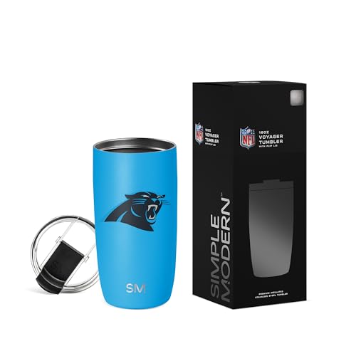 Image of Simple Modern Carolina Panthers Coffee Mug with Flip Lid | 16oz | NFL | Voyager Officially Licensed Panthers Stainless Steel Coffee Tumbler | Football Gift for Men, Dad, Him, Her