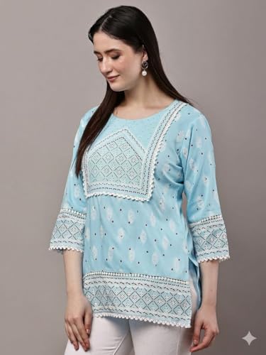 Image of Women's Pink Printed Short Kurti with Lace Trim, 3 /4 Sleeves, Ethnic Indian Style Top