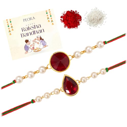 Image of Peora Rakhshabandhan Thread Rakhi for Brother Bhaiya | Kundan Beads & Crystal Studded | Combo Set of 2 | Rakhi Hamper Roli Chawal & Greeting Card