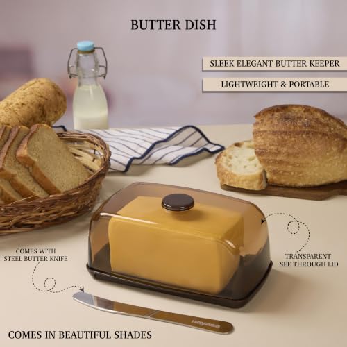 Image of Nayasa Smart Transparent Butter Dish with Lid & Butter Knife | BPA-Free Food Grade Plastic Butter Storage Container | Easy to Clean Butter Keeper for Butter, Cheese & Table Serving | Brown