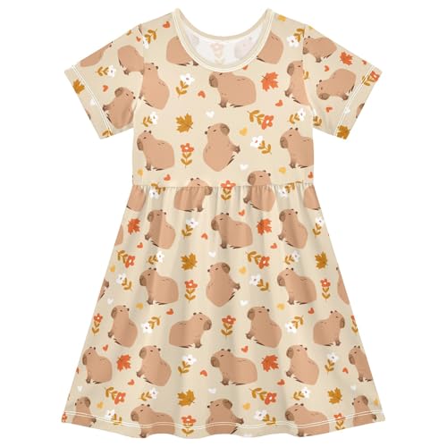 Summer Girl Dresses Funny Capybara Daisy Toddler Short Sleeve A-line Dress Casual Sundress