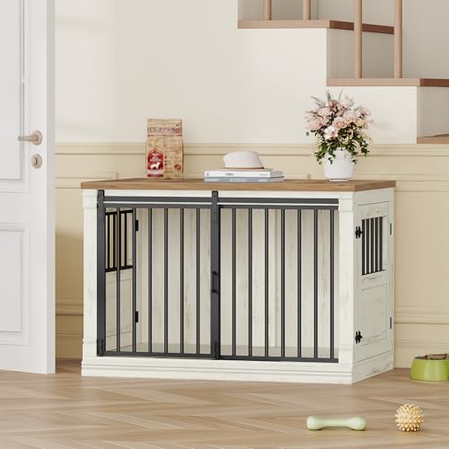 HEXCELEN 101cm Hundekäfig-Möbel, Hundebox Holz, Hundebox für Zuhause mit 3 Türen, Schiebetüren, für Kleine, Mittlere, Große Hunde, Robuster, Beistelltisch, 101 × 60,5 × 70 cm, Weiß Braun