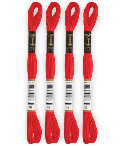  Anchor - Set di 4 matasse Stranded Cotton Mouliné  100% cotone  Filo da ricamo, punto croce, tela  colore rosso brillante  Rif 4635000-4EA_00046
