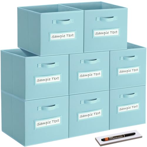 artsdi Fabric storage cubes (8 Pack) 11 Inch Cube Storage Bin, cube organizer bins with 8 Labels Window Cards & a Pen, Foldable cube organizer bins and Fabric Storage Box, Sky Blue