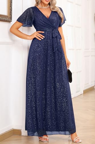 Pinup Fashion Formal Gowns and Evening Dresses - Glitter Prom V Neck Flutter Sleeve A-line Long Dress with Belt4