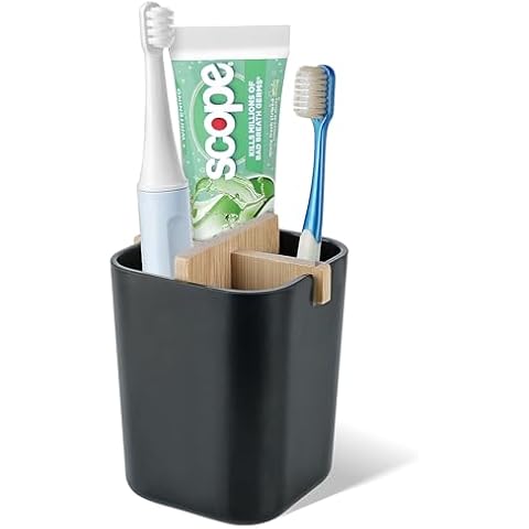 MYITYARD Toothbrush Holders for Bathrooms, Bamboo Fiber Tooth Brushing Organizer with Removable 4 Slots Dividers, Electric Tooth Brush Toothpaste Cup for Bathroom Countertop, Black Cover