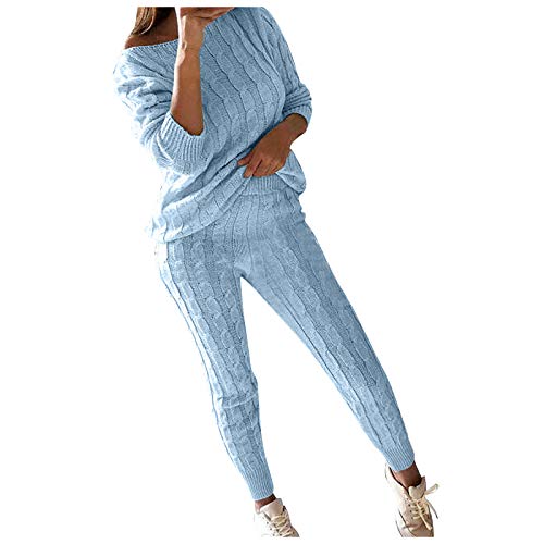 MJGkhiy Chándal de mujer de punto de invierno elegante curvo, suéter de manga larga y pantalones chándales de casa cálidos 2 piezas Coste Completo Noche Cómodo Completo Suave Conjunto Ceremonia, Azul