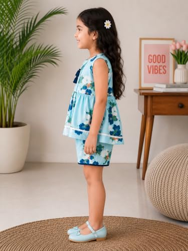Image of superminis Girl's Top and Shorts |Coordinated Outfit| Sleevless Floral Print Top and Shorts Set| Summer Casual Outfit For Kids| 2-Piece Dress For Girls