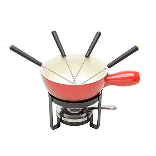 Conjunto para Fondue de Queijo Lyor de Ferro e Cerâmica Vermelho - 8 peças
