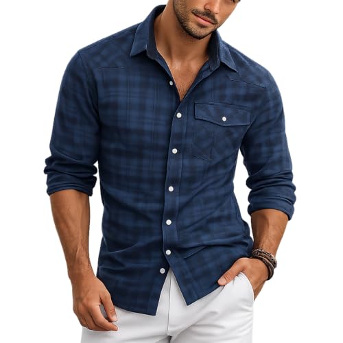 Men Plaid Long Sleeve Button Down Shirt Fall Collared Shirt With Pocket - image 5
