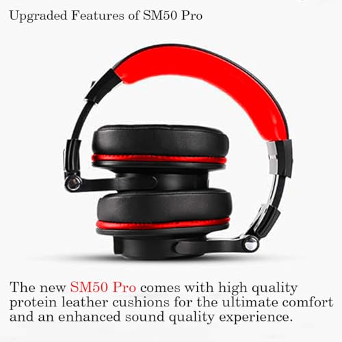 Image of CLAW SM50 PRO Professional Studio Monitoring DJ Wired Headphone with Protein Leather Cushions | 2 Detachable Cables (2.8m Coiled & 1.2m Straight Cable with Mic and in Line Control) Black and Red