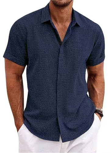 PADOLA Hombre Camisetas Lino de Botones Suelta Manga Corta Color Sólido Camisa de Verano Regular Fit Respirable(S,Azul Oscuro)