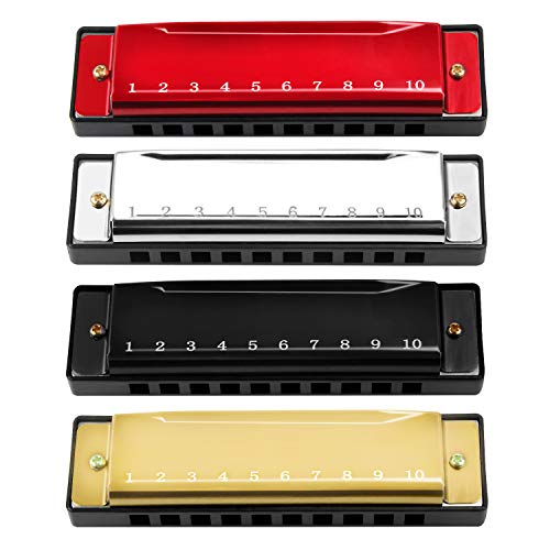 UPINS 4PCS Key of C 10 Hole 10 Tones Titanium Color Harmonica