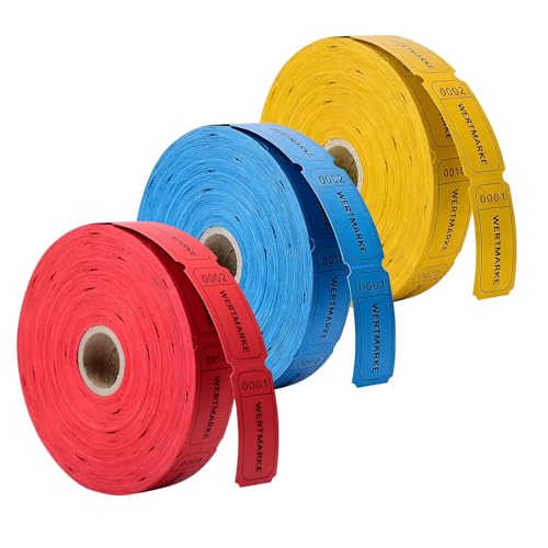 3x500 Stück Wertmarken Rollen Perforierte Gutscheinmarken Essensmarken Fortlaufend Nummeriert für Bars Hochzeiten Partys & Veranstaltungen(Rot Gelb Blau)
