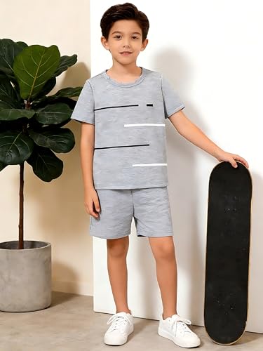 Image of 4-8T Toddler Boys 2-Piece Summer Casual Outfit Striped Print Short Sleeve T-Shirt & Shorts Set