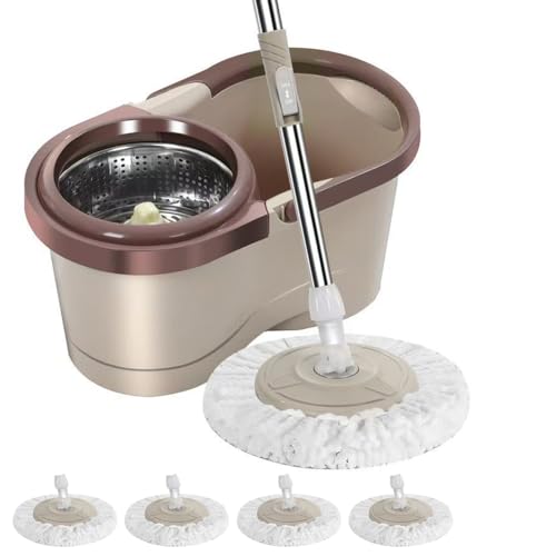 モップ 水切り 手洗い不要 汚れ水分け 伸縮ポール 75-115cm 洗浄脱水一体型 腰曲げず フロアモップ フローリング 床掃除専門バケツ付き 水拭きモップ 手洗い不要 掃除用品 掃除道具 フローリング 床掃除 家庭用 業務用 (カーキ色、4枚交換パッド