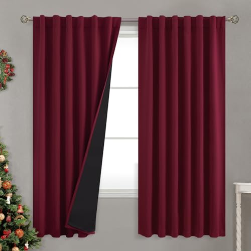 BGment 100% Blackout Curtains 72 Inches Long with Black Liner, Burgundy Red