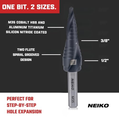 Image of NEIKO 10615B Step Drill Bit, 2 Steps 3 /8 inch to 1 /2 inch Spiral M35 Cobalt, AlTiSiN Coated, 1 /4 inch Tri-Flat Step Bits for Steel, Metal, Wood, Plastic, Unibit Cone Drill Bits, Two Flute