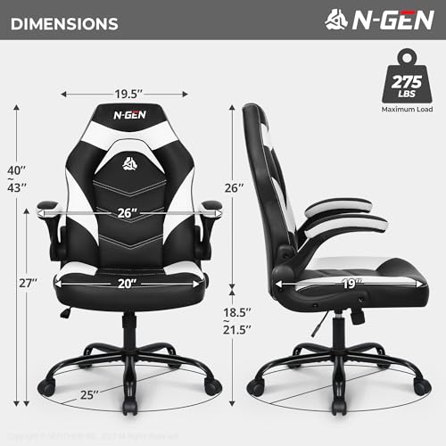 Image of N-GEN Video Gaming Chair Ergonomic Computer Desk Office Chair with Lumbar Support Adjustable Height Swivel Wheels Flip-Up Arms PU Leather Home and Office (White)