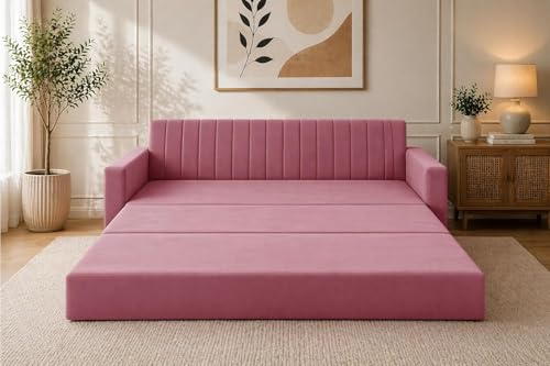 Image of Modern Velvet 3 Seater Sofa Cum Bed with Armrest, Convertible Sleeper Couch Sofa for Living Room, Bedroom & Office - Rose Pink Color