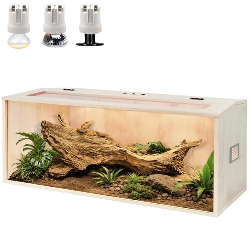 Image of PROLEE Bearded Dragon Tank,Wooden Reptile Tank and Lizard Tank,Tempered Glass Large Bearded Dragon Enclosure with Built-in Lamp Fixture (48X20X20inch,80 Gallons)