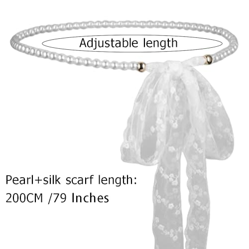 Scarf Pearl Waist Chain Belt for Women,Lace Pearl Body Chain Necktie Neck Scarf3