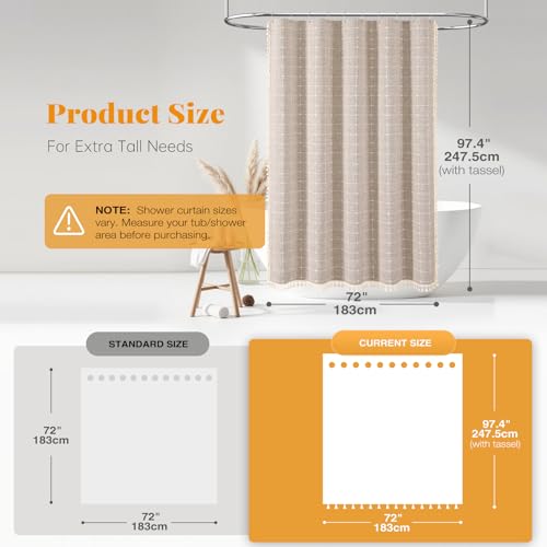 Image of BTTN 96 Inch Extra Long Shower Curtain, Boho Chic Linen Water-Repellent Fabric Shower Curtain Set with Plastic Hooks, Tall Vintage Farmhouse Tassel Cloth Shower Curtains for Bathroom, Tan /Taupe, 72x96