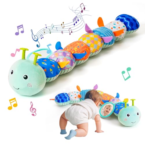 Baby Toys 0-6 Month Musical Caterpillar Rattle Infants Sensory Toy with Mirror Crinkle Textures Newborn Developmental Tummy Time Stuffed Plush Animal toys for Babies Boys Girls 3-6-12 Months (Blue)