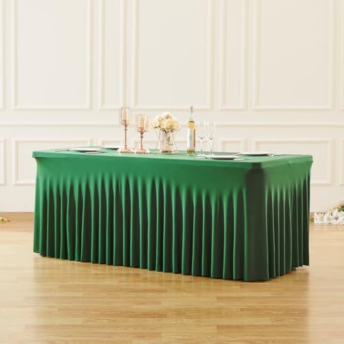 Image of Besutolife Emerald Green Spandex Tablecloth 4ft Rectangle Table Skirt Stretch Table Cloth for Banquets Parties Wedding Dining Table