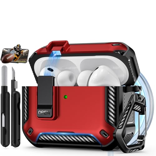 Image of for AirPods Pro 3 Case with Lock & Phone Stand(Red) | Automatic Snap Switch Lock,Carbon Fiber Texture Design Cover with Cleaner Kit,Compatible with MagSafe