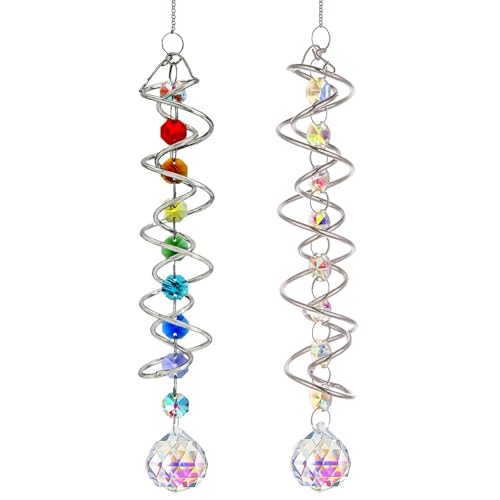 Luzoybo Deux Attrape-soleils Spirales à Billes de Cristal Arc-en-Ciel avec Perles des Sept Chakras, pour décoration de Jardin ou d'intérieur (2PCS)