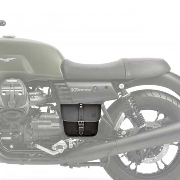 Borsa nera in pelle e cotone cerato compatibile con Moto Guzzi V7 III - V9 - V7 850 Ex Moto - Borsa da fianchetto in Pelle e waxed cotton
