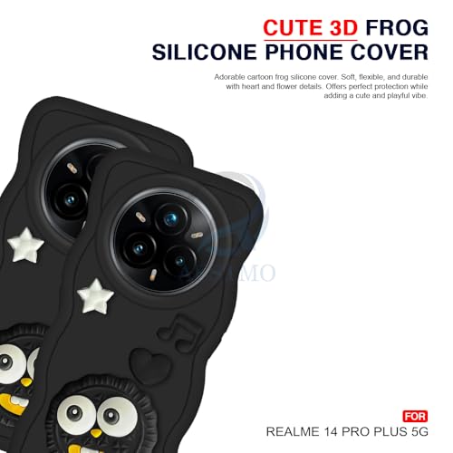 Image of AESTMO Back Case Cover for Realme 14 Pro Plus 5G | 3D Cute Fun Cartoon Characters | Anti Slip Grip Cute Wave Curly Frame Shape | Back Cover for Realme 14 Pro Plus 5G | (Black)