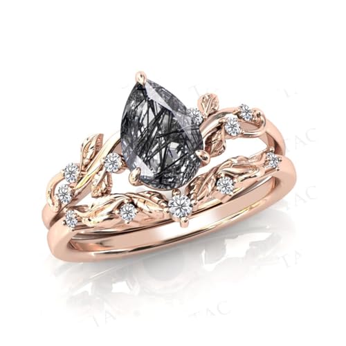 Natural Pear Black Rutilated Quartz Engagement Ring Set 925 Sterling Silver Rings for Her with Free Engraving Jewelry Gift for Women Black Rutilated Quartz Vintage Ring Set Size3