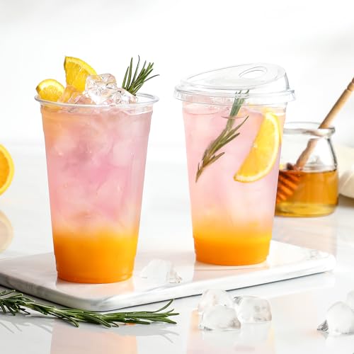 AOZITA 100 Pack - Clear 16 Oz Plastic Cups With Lids, Disposable Iced Coffee Cups With Lids for Party Drinks, Bubble Tea and Cold Beverage, BPA Free & Food Safe