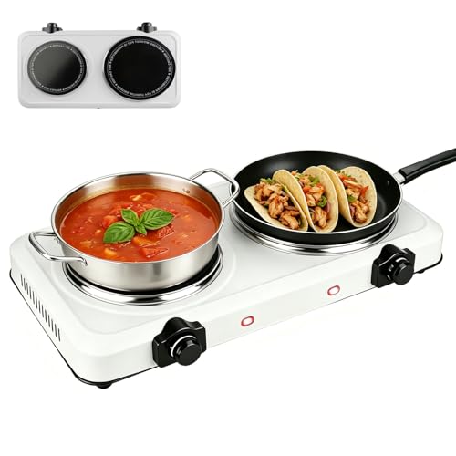 Image of Dual Electric Stove Infrared Dual Burner Double Cooktop Countertop Stove | 1800W Portable Hot Plates Glass Counter Stove Stepless Temperature for Kitchen RV Camp White