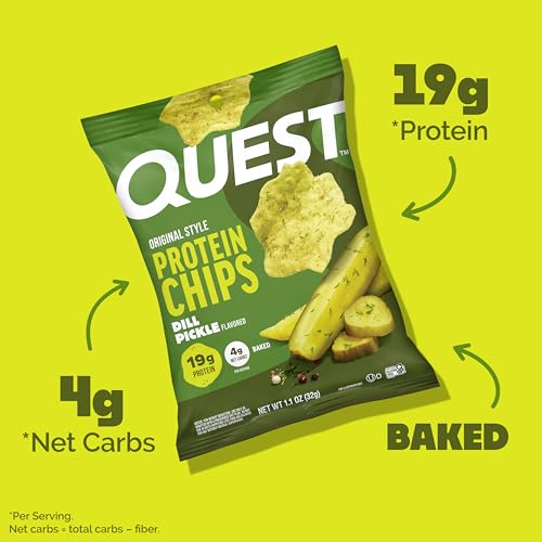 Image of Quest Nutrition Dill Pickle Flavored Protein Chips, 19g Protein, 4g Net Carbs, Protein Snacks, Gluten Free, 4 Count