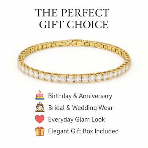 Image of 925 Sterling Silver Tennis Bracelet for Women & Girls | 18K Gold Plated Jewelry | Engagement, Wedding, Anniversary, Birthday, Diwali, Karwa Chauth & Festival Gift | Everyday & Office Wear Jewelry for Wife, Sister, Female