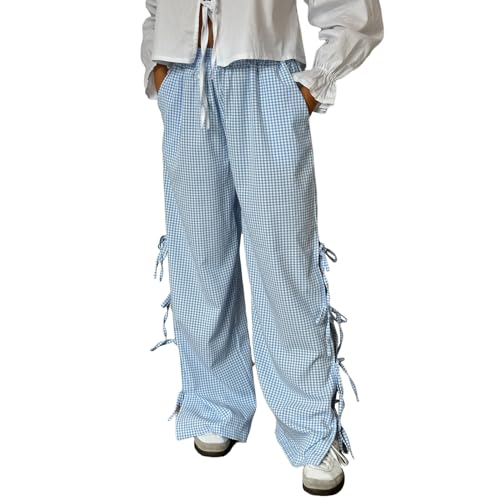 Image of Y2K Gingham Pants for Women Bow Tie Side Slit Wide Leg Lounge Bottom Plaid Checkered Loose Fit Going Out Pants