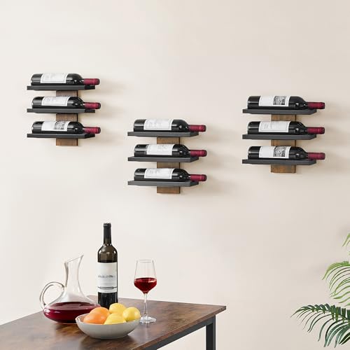 Image of Hoctieon 3 Tier Wall Mount Wine Rack Set (9 Bottles), Wall Mounted Wine Bottle Rack for Display and Storage, Hanging Bottle Holder, for Living Room, Dining Room,Bar,Wine Cellar,Rustic Brown