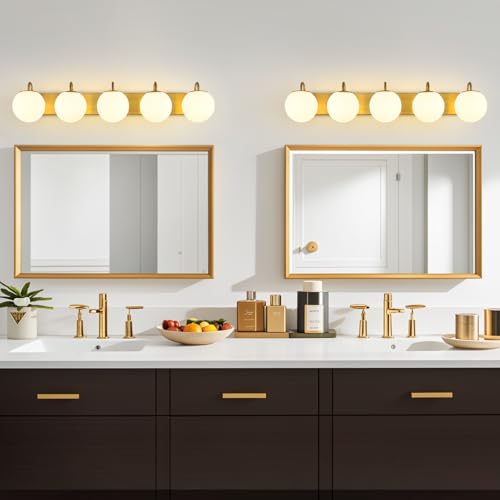 Image of Vintage Brushed Gold Bathroom Vanity Light Fixtures Over Mirror 5 Lights