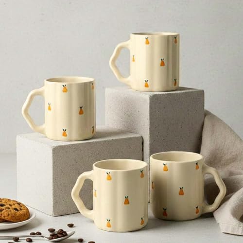 Image of The Earth Store Cream Pear Coffee Mug - 300ML Ceramic Coffee Mugs Set of 4 | Microwave & Dishwasher Safe Mugs for Gift | Home | Office | Restaurant | Daily Use