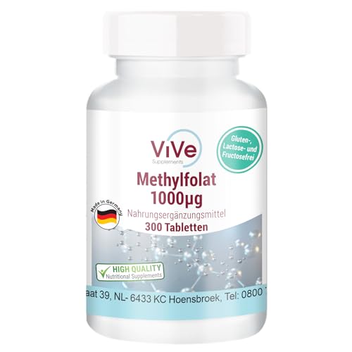 Metilfolato 1000μg - 300 comprimidos - L-metilfolato cálcico - Alta dosis - Forma biológicamente activa del ácido fólico - Calidad alemana - ViVe Supplements
