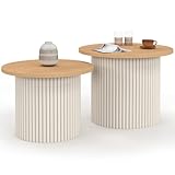 IDMarket - Lot de 2 Tables Basses gigognes KANEL Rondes 40/45 Effet cannelé Beige et Plate...