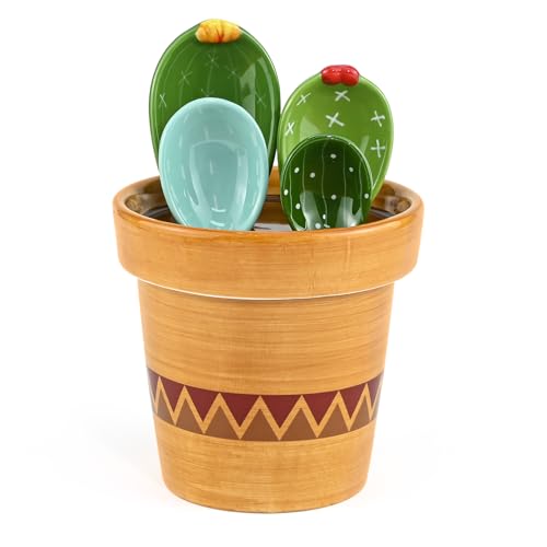 5Pcs Ceramic Cactus Measuring Spoons Set Flower Pot Measuring Spoon Set Cute Measuring Cups and Spoons Set for Home Kitchen Dry Wet Measuring Liquid Food Salt Sugar