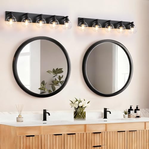 Image of LmnLvn Farmhouse 5-Light Vanity Light, Matte Black Metal with Glass Shade