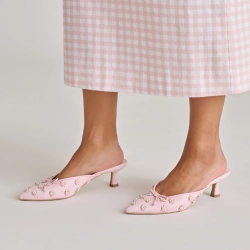 Image of Women Kitten Heel Mules Crystal Flower Decor Mesh Pointed Toe Low Heel Casual Pumps